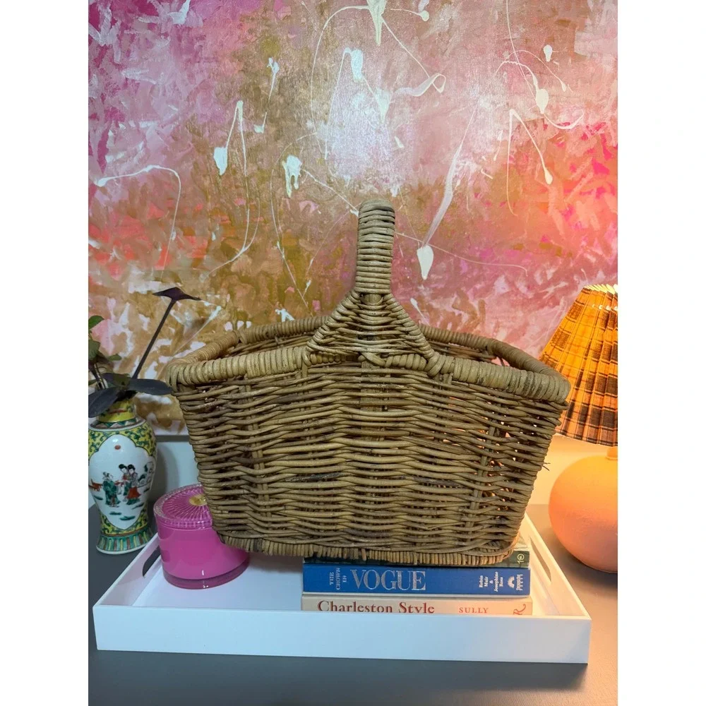 Handmade Wicker magazine Basket Tan Vintage Rustic Woven Rattan Storage Caddy